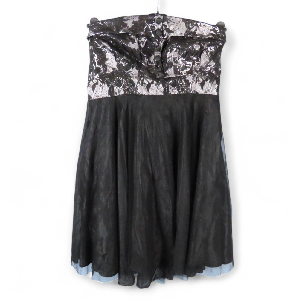 NWOT Eshakti Party Dress Strapless SILVER BROCADE BUST Black Mesh Skirt 18W, 1X